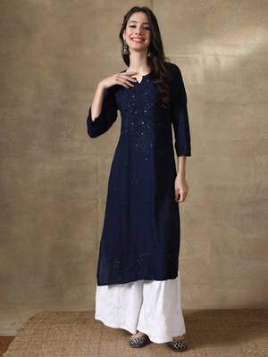 Seva Chikan Hand Embroidered Navy-Blue  Rayon Chikankari-Kurtis 1