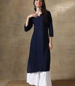 Seva Chikan Hand Embroidered Navy-Blue  Rayon Chikankari-Kurtis