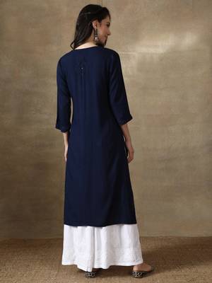 Seva Chikan Hand Embroidered Navy-Blue  Rayon Chikankari-Kurtis 2