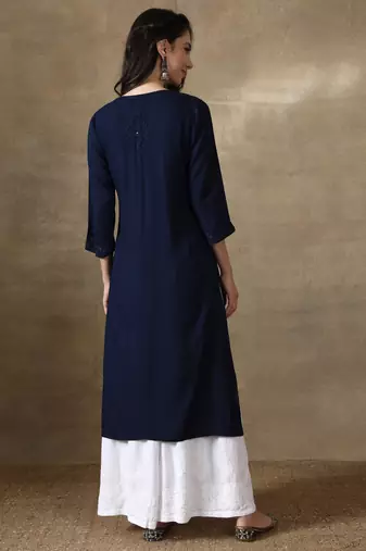 Seva Chikan Hand Embroidered Navy-Blue  Rayon Chikankari-Kurtis