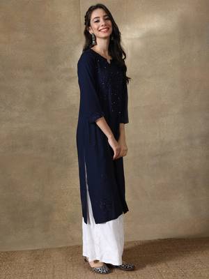 Seva Chikan Hand Embroidered Navy-Blue  Rayon Chikankari-Kurtis 3