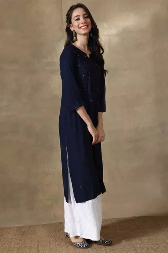 Seva Chikan Hand Embroidered Navy-Blue  Rayon Chikankari-Kurtis