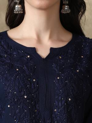 Seva Chikan Hand Embroidered Navy-Blue  Rayon Chikankari-Kurtis 4