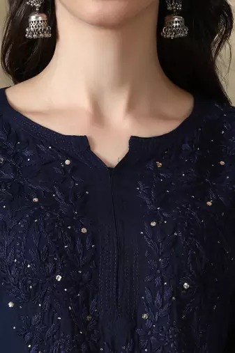 Seva Chikan Hand Embroidered Navy-Blue  Rayon Chikankari-Kurtis