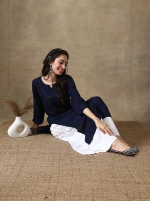 Seva Chikan Hand Embroidered Navy-Blue  Rayon Chikankari-Kurtis 5