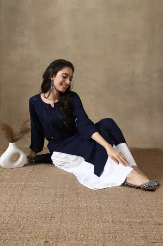 Seva Chikan Hand Embroidered Navy-Blue  Rayon Chikankari-Kurtis