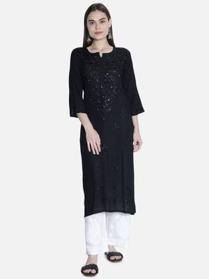 Hand Embroidered Black  Rayon Chikankari-Kurtis 1