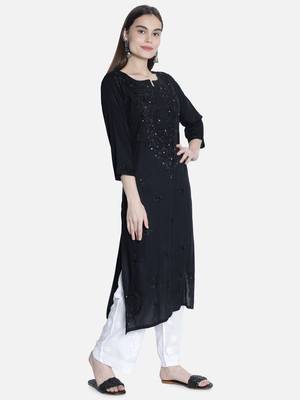 Hand Embroidered Black  Rayon Chikankari-Kurtis 3