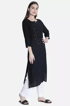 Hand Embroidered Black  Rayon Chikankari-Kurtis