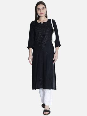 Hand Embroidered Black  Rayon Chikankari-Kurtis 5