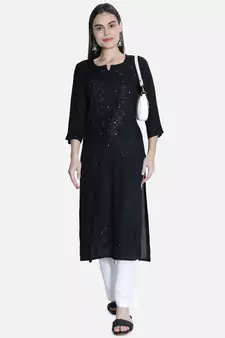 Hand Embroidered Black  Rayon Chikankari-Kurtis