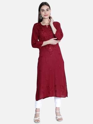 Seva Chikan Hand Embroidered Maroon Rayon Chikankari-Kurtis 1