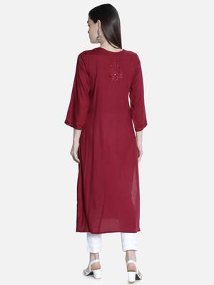 Seva Chikan Hand Embroidered Maroon Rayon Chikankari-Kurtis 2