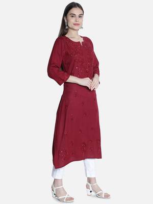 Seva Chikan Hand Embroidered Maroon Rayon Chikankari-Kurtis 3
