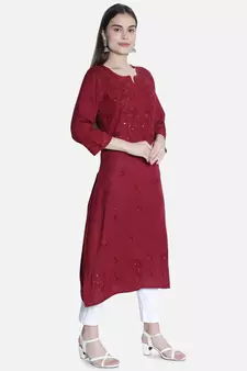 Seva Chikan Hand Embroidered Maroon Rayon Chikankari-Kurtis