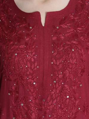 Seva Chikan Hand Embroidered Maroon Rayon Chikankari-Kurtis 4