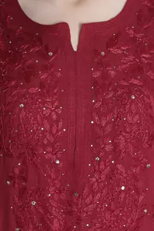 Seva Chikan Hand Embroidered Maroon Rayon Chikankari-Kurtis