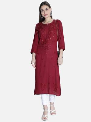 Seva Chikan Hand Embroidered Maroon Rayon Chikankari-Kurtis 5