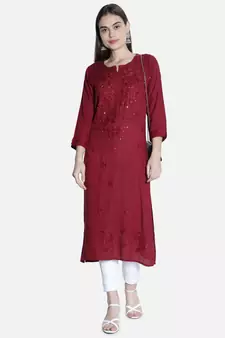 Seva Chikan Hand Embroidered Maroon Rayon Chikankari-Kurtis
