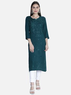 Hand Embroidered Green Rayon Chikankari-Kurtis 1