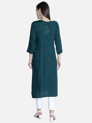 Hand Embroidered Green Rayon Chikankari-Kurtis 2