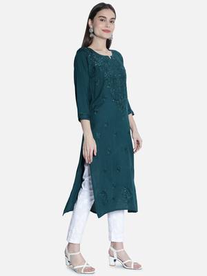 Hand Embroidered Green Rayon Chikankari-Kurtis 3