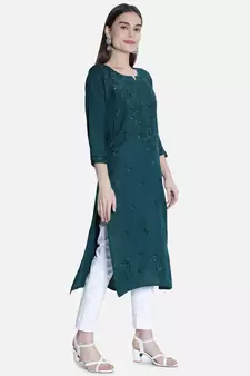 Hand Embroidered Green Rayon Chikankari-Kurtis