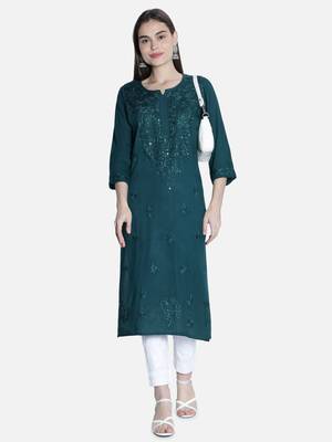 Hand Embroidered Green Rayon Chikankari-Kurtis 5