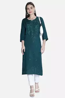 Hand Embroidered Green Rayon Chikankari-Kurtis