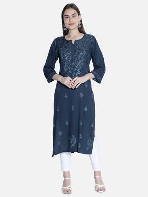 Hand Embroidered Grey Rayon Chikankari-Kurtis 1