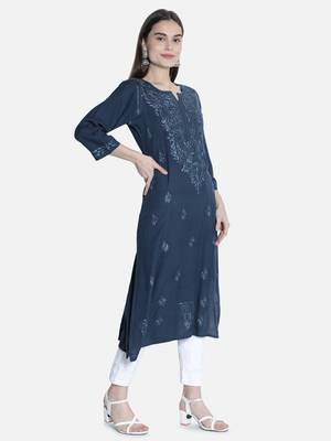 Hand Embroidered Grey Rayon Chikankari-Kurtis 3