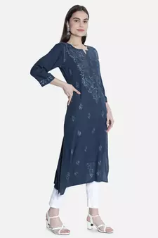 Hand Embroidered Grey Rayon Chikankari-Kurtis