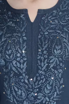 Hand Embroidered Grey Rayon Chikankari-Kurtis