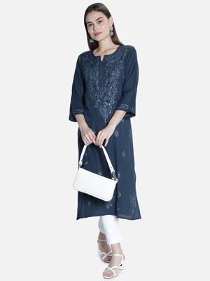 Hand Embroidered Grey Rayon Chikankari-Kurtis 5
