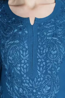 Seva Chikan Hand Embroidered Blue Rayon Chikankari-Kurtis