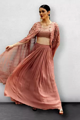 Onion Pink Blouse With Cape and Skirt