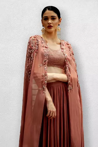 Onion Pink Blouse With Cape and Skirt