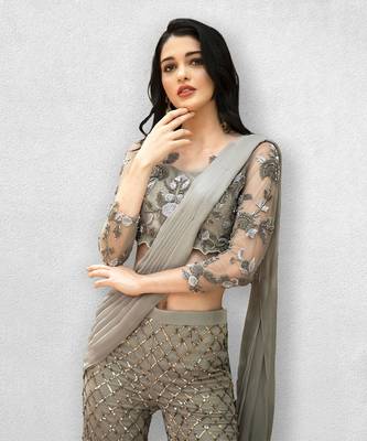 Steel Grey Crop Top With Sharara Pants and Dupatta 2