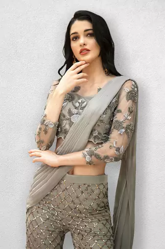 Steel Grey Crop Top With Sharara Pants and Dupatta