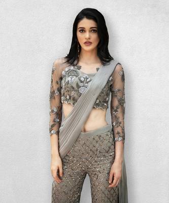 Steel Grey Crop Top With Sharara Pants and Dupatta 3