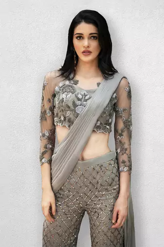Steel Grey Crop Top With Sharara Pants and Dupatta