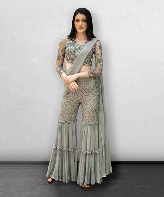 Steel Grey Crop Top With Sharara Pants and Dupatta 4