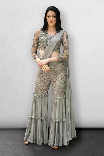Steel Grey Crop Top With Sharara Pants and Dupatta