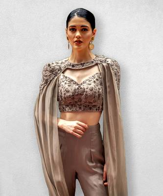 Greyish Brown Crop Top With Trouser Pants and Detachable Cape 2