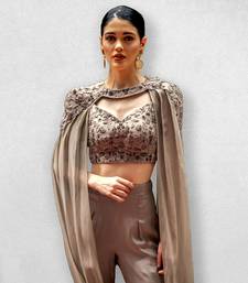 Greyish Brown Crop Top With Trouser Pants and Detachable Cape
