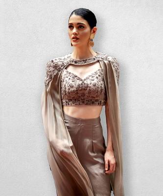 Greyish Brown Crop Top With Trouser Pants and Detachable Cape 3