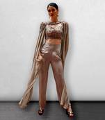 Greyish Brown Crop Top With Trouser Pants and Detachable Cape