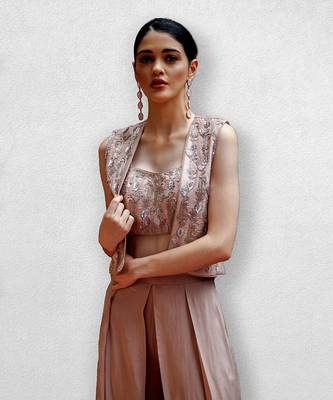 Rose Gold Jacket With Crop Top Blouse and Pants 2