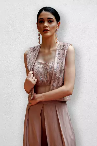 Rose Gold Jacket With Crop Top Blouse and Pants