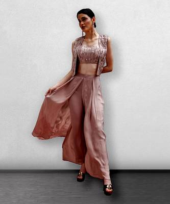 Rose Gold Jacket With Crop Top Blouse and Pants 1